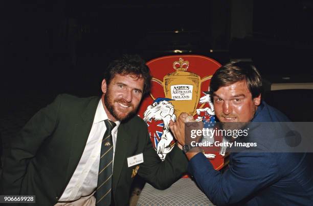 Australia captain Allan Border and England Captain Mike Gatting pictured arm wrestling as a preview to the forthcoming 1986/87 Ashes Series in...