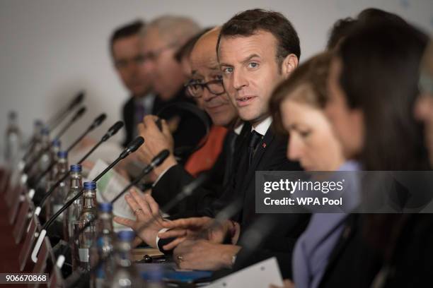 French President Emmanuel Macron speaks during UK-France summit talks at the Royal Military Academy Sandhurst on January 18, 2018 in Camberley,...