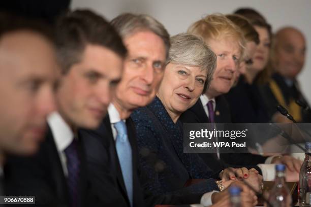 Chancellor Philip Hammond, Prime Minister Theresa May and Foreign Secretary Boris Johnson during UK-France summit talks at the Royal Military Academy...