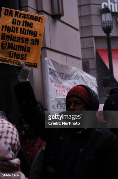 Protesters rally for the release of Mumia Abu-Jamal in front of the Philadelphia Criminal Justice Center in Center City Philadelphia on January 17,...