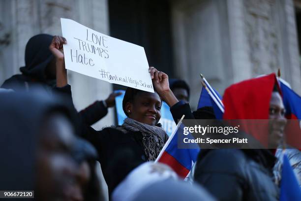 Waving the national flag of Haiti, students, activists and area politicians attend a unity rally on the steps of City Hall in downtown Newark in...