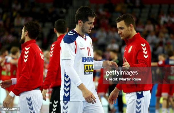 Bojan Beljanski of Serbia looks dejected after the Men's Handball European Championship main round match between Serbia and Norway at Arena Zagreb on...