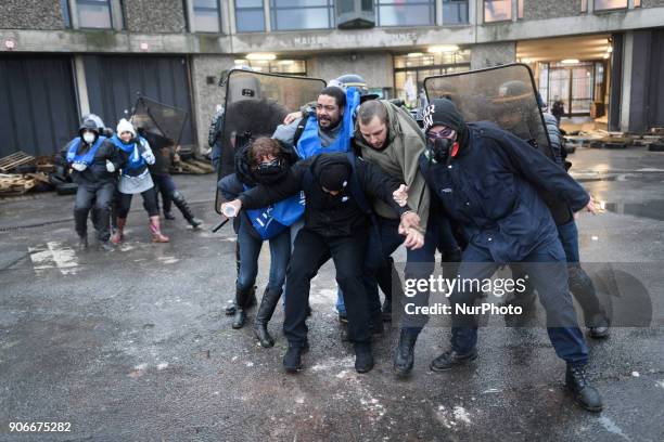 Jail workers block the gate at Fleury-Merogis prison, the largest prison in Europe, located in Fleury-Merogis near Paris, France on January 18, 2018...