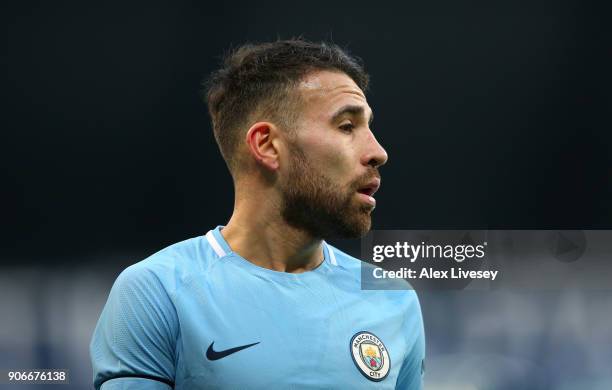 Nicolas Otamendi of Manchester City looks on during The Emirates FA Cup Third Round match between Manchester City and Burnley at Etihad Stadium on...