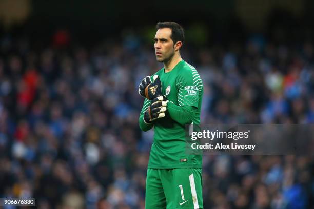 Claudio Bravo of Manchester City looks on during The Emirates FA Cup Third Round match between Manchester City and Burnley at Etihad Stadium on...