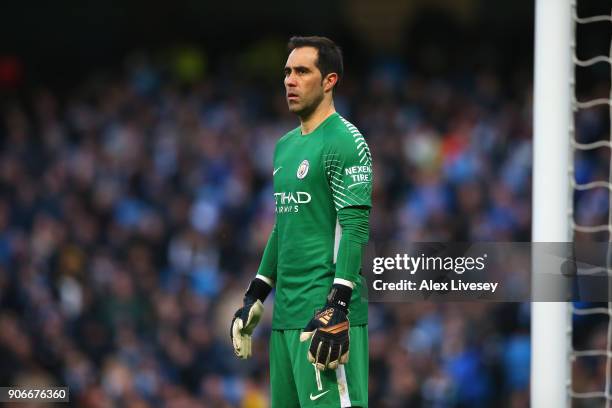 Claudio Bravo of Manchester City looks on during The Emirates FA Cup Third Round match between Manchester City and Burnley at Etihad Stadium on...