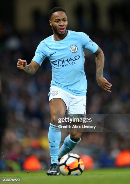 Raheem Sterling of Manchester City during The Emirates FA Cup Third Round match between Manchester City and Burnley at Etihad Stadium on January 6,...