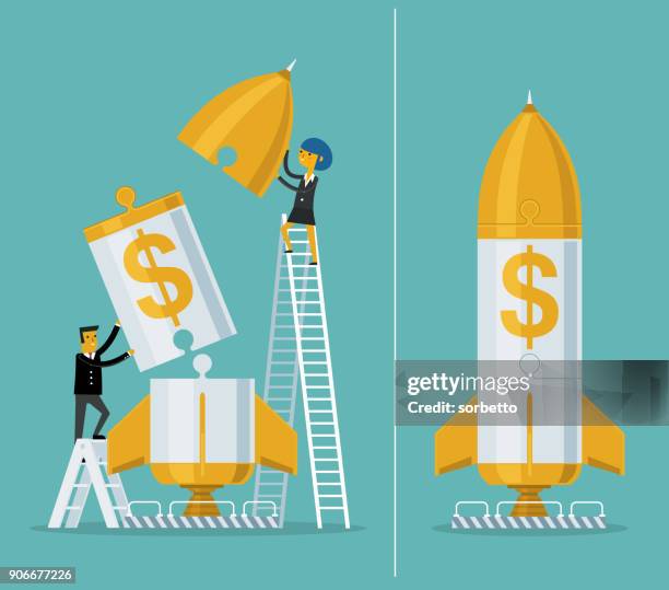 ilustraciones, imágenes clip art, dibujos animados e iconos de stock de cohete - empresario y empresaria - vehículo espacial