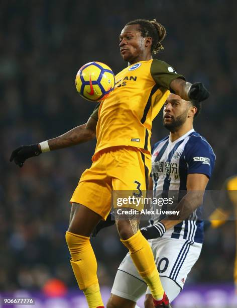 Gaetan Bong of Brighton and Hove Albion controls the ball during the Premier League match between West Bromwich Albion and Brighton and Hove Albion...