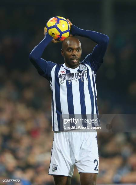 Allan Nyom of West Bromwich Albion takes a throw in during the Premier League match between West Bromwich Albion and Brighton and Hove Albion at The...