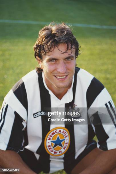 New Newcastle United signing David Ginola pictured in the new Adidas kit ahead of his first game for the club in a friendly match against Rushden and...