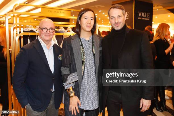 Andre Maeder , designer William Fan and Marcus Kurz during the celebration of 'Der Berliner Salon' by KaDeWe & Vogue at KaDeWe on January 18, 2018 in...