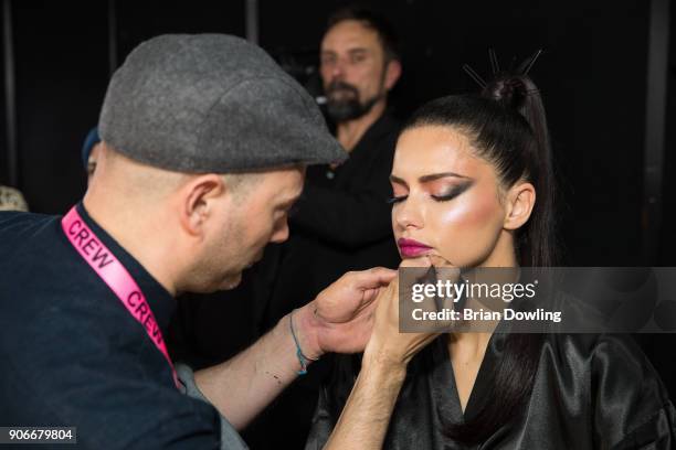 Adriana Lima is seen backstage at the Maybelline Show 'Urban Catwalk - Faces of New York' at Vollgutlager on January 18, 2018 in Berlin, Germany.