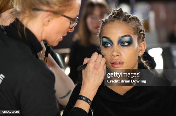 Model is seen prior to the Maybelline Show 'Urban Catwalk - Faces of New York' at Vollgutlager on January 18, 2018 in Berlin, Germany.