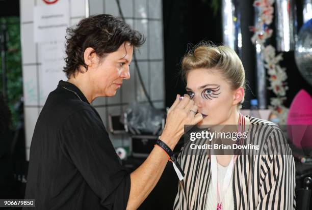 Model is seen prior to the Maybelline Show 'Urban Catwalk - Faces of New York' at Vollgutlager on January 18, 2018 in Berlin, Germany.