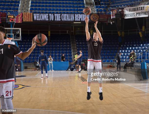 Patrick Heckmann, #33 of Brose Bamberg warm up before the 2017/2018 Turkish Airlines EuroLeague Regular Season Round 19 game between FC Barcelona...