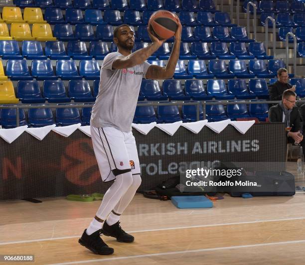 Dorell Wright, #3 of Brose Bamberg warm up before the 2017/2018 Turkish Airlines EuroLeague Regular Season Round 19 game between FC Barcelona Lassa...