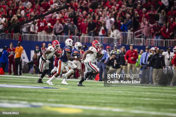 Championship: Georgia D'Andre Swift in action, rushing for 64-yard touchdown in fourth quarter vs Auburn at Mercedes-Benz Stadium. Atlanta, GA...