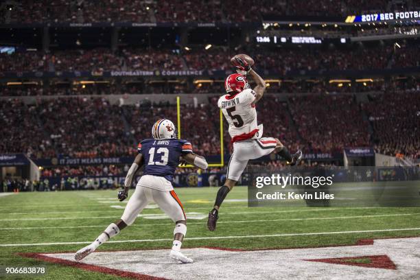 Championship: Rear view of Georgia Terry Godwin in action, making catch for 7-yard touchdown reception during fouth quarter vs Auburn Javaris Davis...