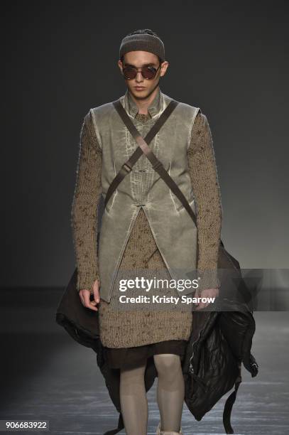 Model walks the runway during the Boris Bidjan Saberi Menswear Fall/Winter 2018-2019 show as part of Paris Fashion Week on January 18, 2018 in Paris,...