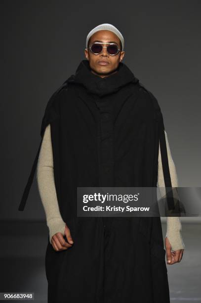 Model walks the runway during the Boris Bidjan Saberi Menswear Fall/Winter 2018-2019 show as part of Paris Fashion Week on January 18, 2018 in Paris,...