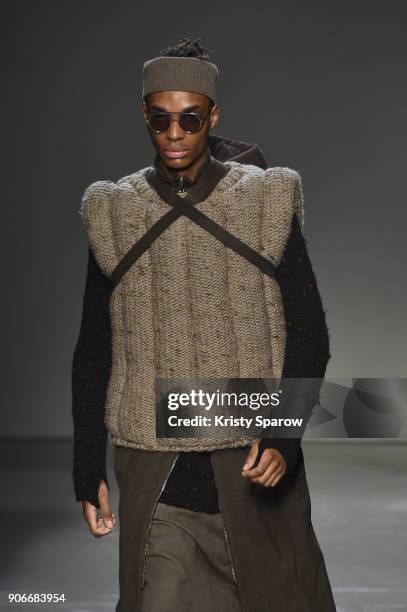 Model walks the runway during the Boris Bidjan Saberi Menswear Fall/Winter 2018-2019 show as part of Paris Fashion Week on January 18, 2018 in Paris,...