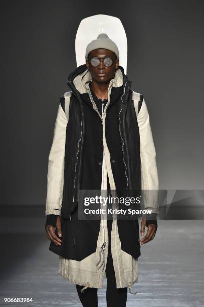 Model walks the runway during the Boris Bidjan Saberi Menswear Fall/Winter 2018-2019 show as part of Paris Fashion Week on January 18, 2018 in Paris,...