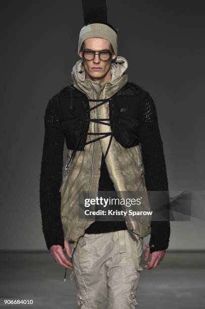 Model walks the runway during the Boris Bidjan Saberi Menswear Fall/Winter 2018-2019 show as part of Paris Fashion Week on January 18, 2018 in Paris,...