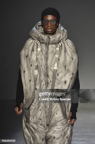 Model walks the runway during the Boris Bidjan Saberi Menswear Fall/Winter 2018-2019 show as part of Paris Fashion Week on January 18, 2018 in Paris,...