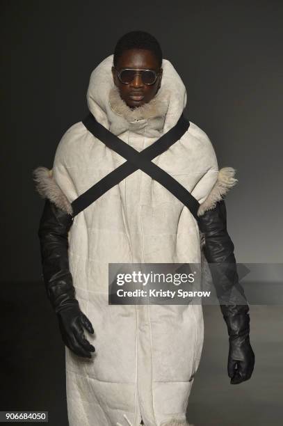 Model walks the runway during the Boris Bidjan Saberi Menswear Fall/Winter 2018-2019 show as part of Paris Fashion Week on January 18, 2018 in Paris,...