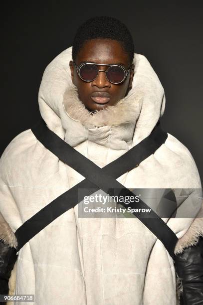 Model walks the runway during the Boris Bidjan Saberi Menswear Fall/Winter 2018-2019 show as part of Paris Fashion Week on January 18, 2018 in Paris,...