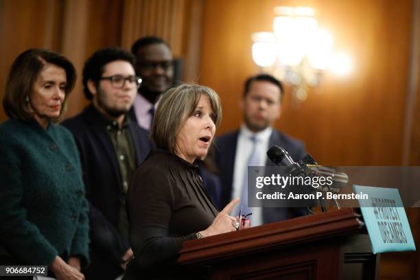 Rep. Michelle Lujan Grisham speaks at a press conference calling for the passage of the Dream Act at the U.S. Capitol January 18, 2018 in Washington,...