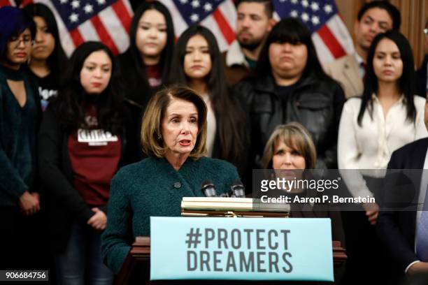 House Minority Leader Nancy Pelosi speaks at a press conference calling for the passage of the Dream Act at the U.S. Capitol January 18, 2018 in...