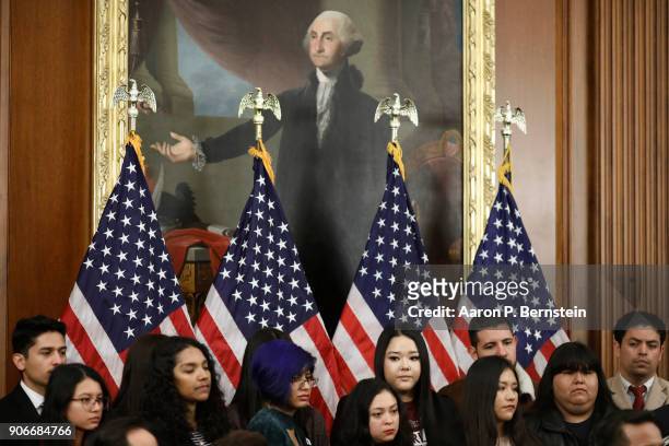 Recipients look on at a press conference calling for the passage of the Dream Act at the U.S. Capitol January 18, 2018 in Washington, DC. Without...