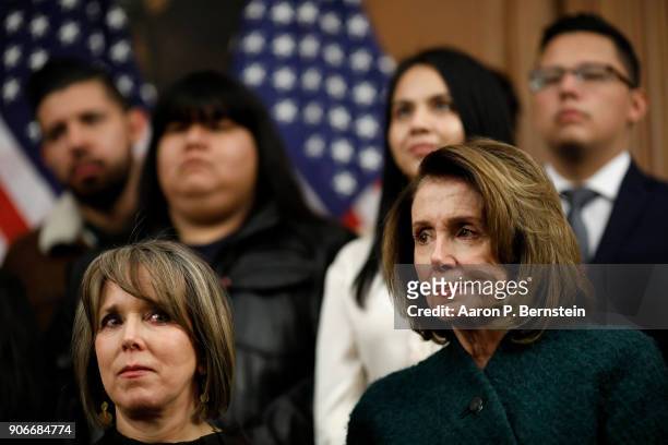 Rep. Michelle Lujan Grisham , at left, and House Minority Leader Nancy Pelosi look on at a press conference calling for the passage of the Dream Act...