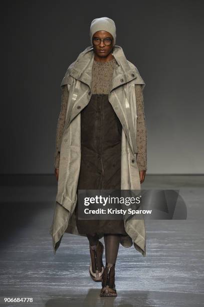 Model walks the runway during the Boris Bidjan Saberi Menswear Fall/Winter 2018-2019 show as part of Paris Fashion Week on January 18, 2018 in Paris,...