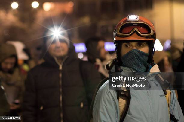 Eco-activists protest in downtown Sofia, Bulgaria, on 18 January 2018 against the decision of Bulgarian government to expand the ski area in Pirin...