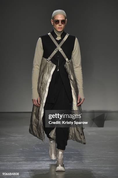 Model walks the runway during the Boris Bidjan Saberi Menswear Fall/Winter 2018-2019 show as part of Paris Fashion Week on January 18, 2018 in Paris,...