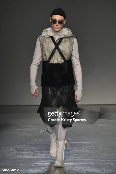 Model walks the runway during the Boris Bidjan Saberi Menswear Fall/Winter 2018-2019 show as part of Paris Fashion Week on January 18, 2018 in Paris,...