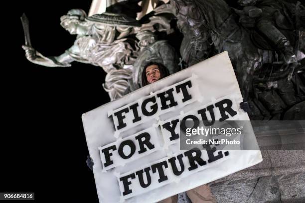 Eco-activists protest in downtown Sofia, Bulgaria, on 18 January 2018 against the decision of Bulgarian government to expand the ski area in Pirin...