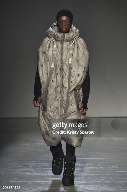 Model walks the runway during the Boris Bidjan Saberi Menswear Fall/Winter 2018-2019 show as part of Paris Fashion Week on January 18, 2018 in Paris,...