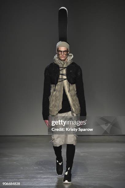 Model walks the runway during the Boris Bidjan Saberi Menswear Fall/Winter 2018-2019 show as part of Paris Fashion Week on January 18, 2018 in Paris,...