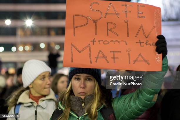 Eco-activists protest in downtown Sofia, Bulgaria, on 18 January 2018 against the decision of Bulgarian government to expand the ski area in Pirin...