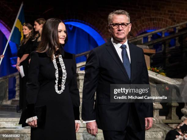 Princess Sofia of Sweden, the Duchess of Varmland, and the Sophiahemmet chairman of the board Lars Kihlstrom Burenstam Linder arrive at the...