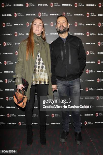 Johanna Hauksdottir and Fabio Volo attend DIESEL X A.C. MILAN SPECIAL COLLECTION on January 18, 2018 in Milan, Italy.