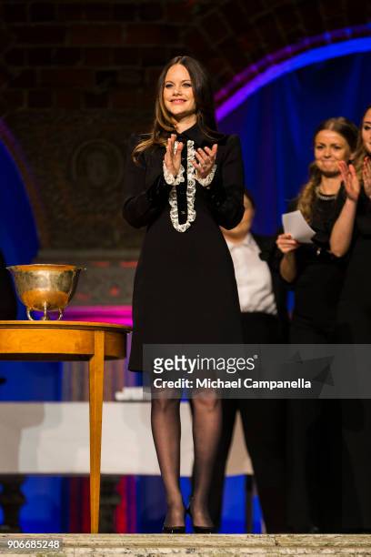 Princess Sofia of Sweden, the Duchess of Varmland, attends the Sophiahemmet college graduation ceremony at Stockholm City Hall on January 18, 2018 in...