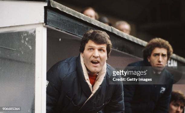 Swansea City manager John Toshack pictured on the bench during an FA Cup 3rd Round match between Swansea City and Liverpool at the Vetch Field on...
