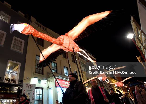 General views of Flamingo Flyway by the Lantern Company with Jo Pocock in China Town on January 18, 2018 in London, England. Iconic landmarks in...