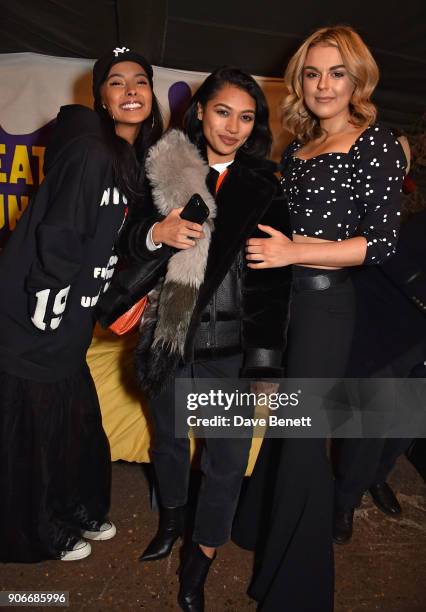 Maya Jama, Vanessa White and Tallia Storm attend the Grand Opening of the Cadbury Creme Egg Camp on January 18, 2018 in London, England.