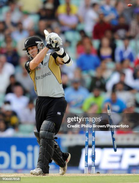 Nathan McCullum of New Zealand is bowled during the ICC World Twenty20 Super Eight match between New Zealand and Pakistan at The Oval, London, 13th...
